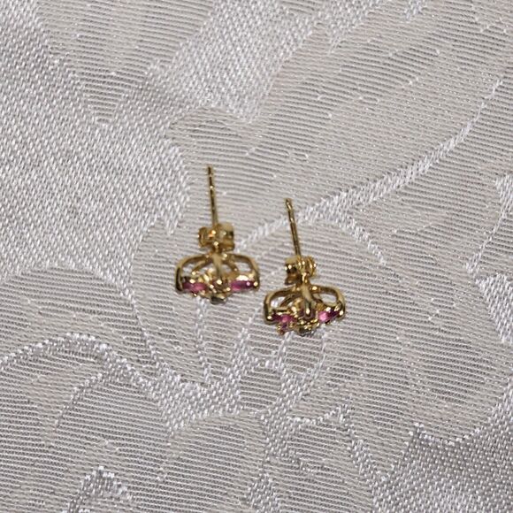 Fine Ruby Diamond Flower Designer Earrings 18K Yellow Gold Over Sterling Silver - Picture 8 of 11